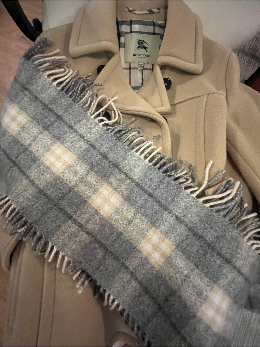 Vintage BURBERRY Grey/Ivory/Camel 54” CASHMERE SCARF